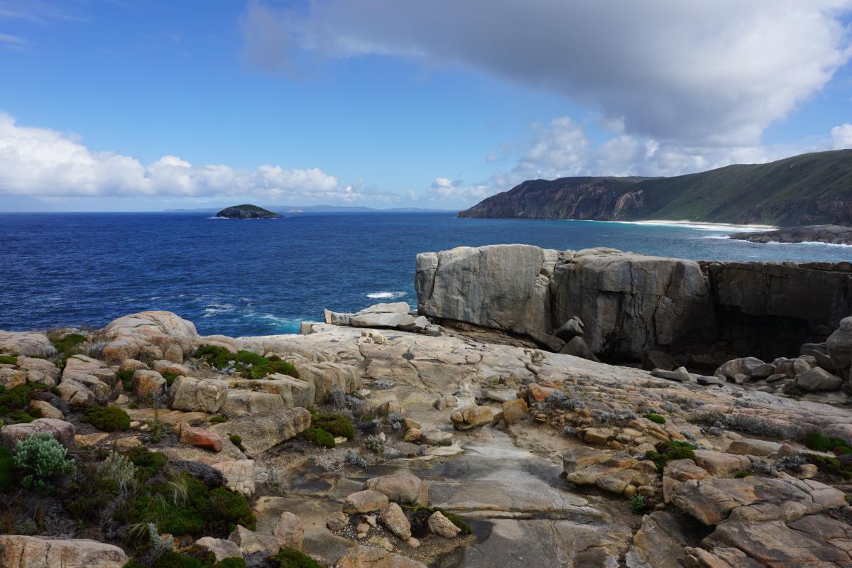 extensive area of granite with tufts of green plants and the blue ocean in the background with a cloudy sky