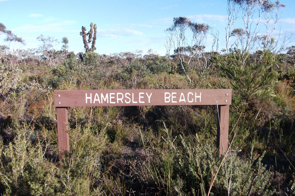 Hamersley Beach Fitzgerald River National Park wooden visitor sign for Hamersley Beach with dense vegetation beyond