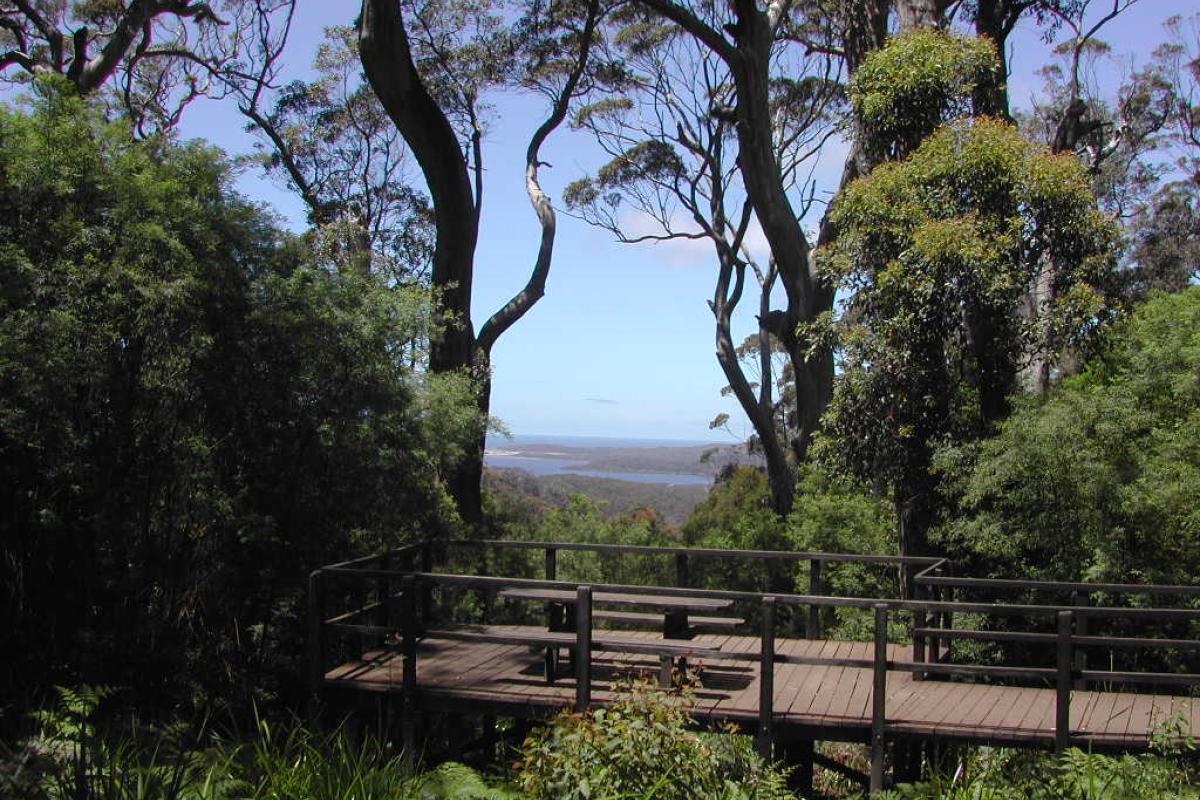 picnic table on the boardwalk and lookout with views between the trees of the inlet in the distance