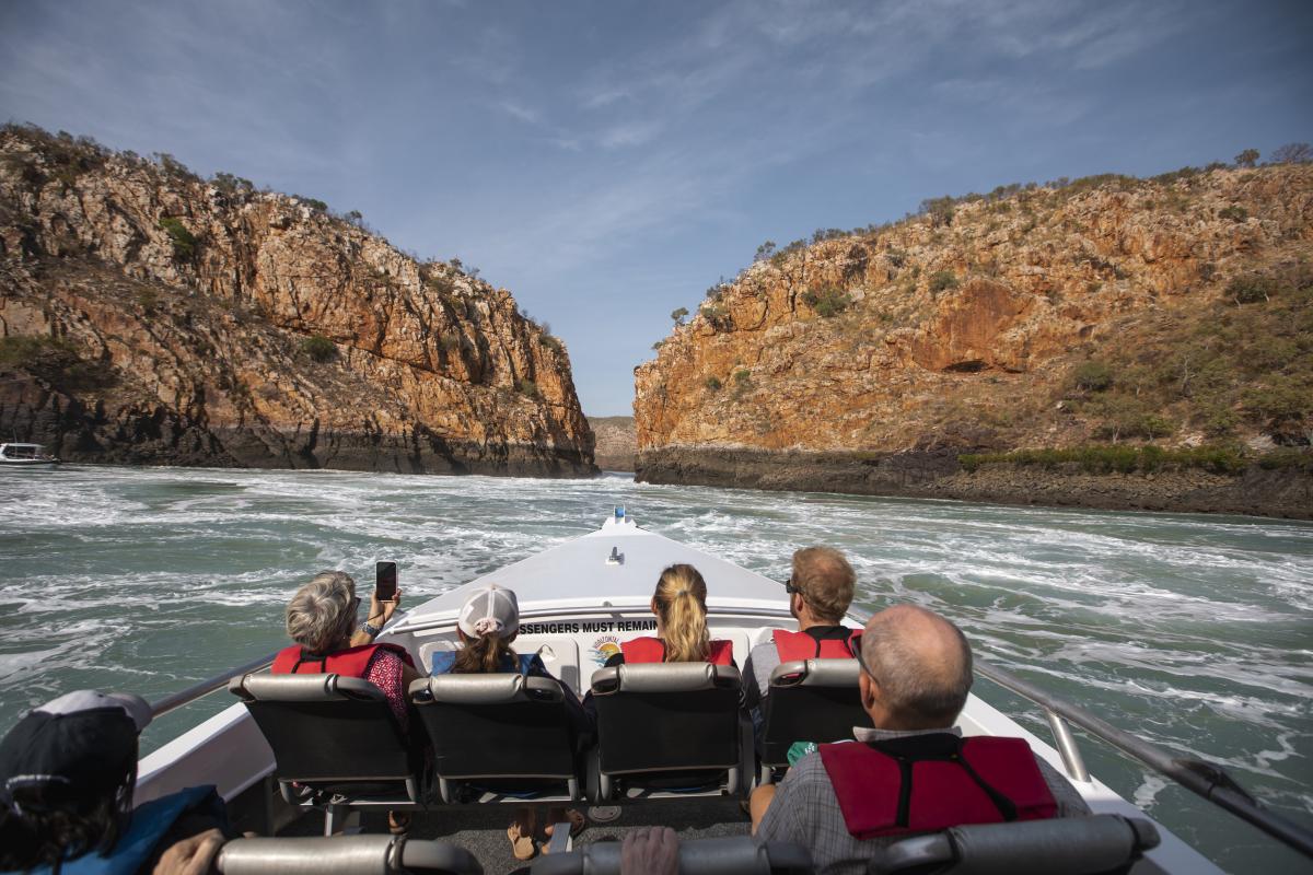 Boat tour on Horizontal Falls View of people sitting on a boat moving through Horizontal Falls