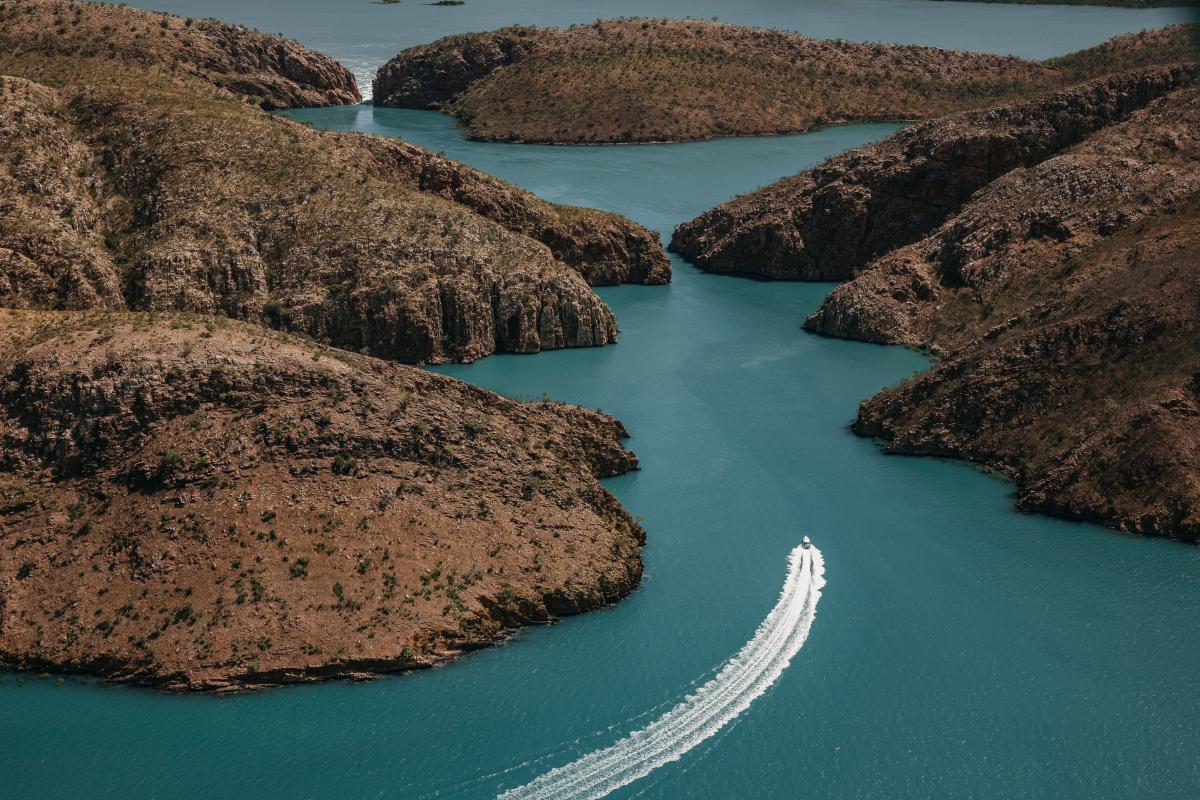 Horizontal Falls Aerial view of boat moving through the Horizontal Falls