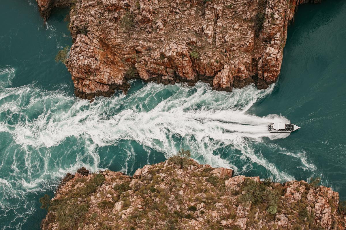 Aerial view of boat moving through the Horizontal Falls