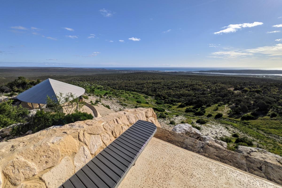 Limestone paved lookout and shelter with views down towards Kalbarri town and the coast