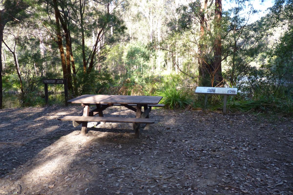 Monastery Landing, Walpole Nornalup National Park. picnic table in a clearing near the forest