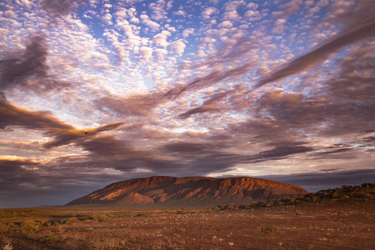 striking cloud streaks in the sky and mount augustus in the distance