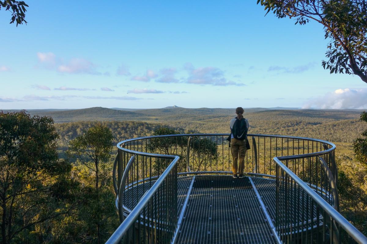 Mount Frankland Wilderness Lookout Person standing on metal platform looking out at the view