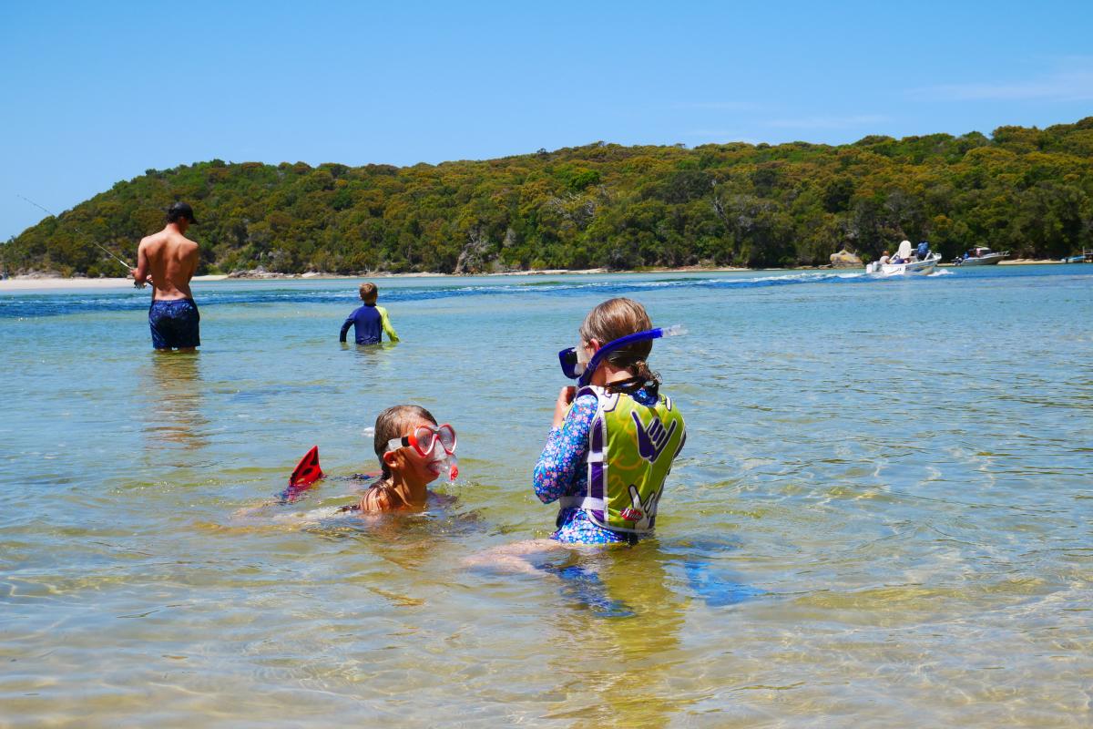 children snorkelling in shallow waters of nornalup inlet