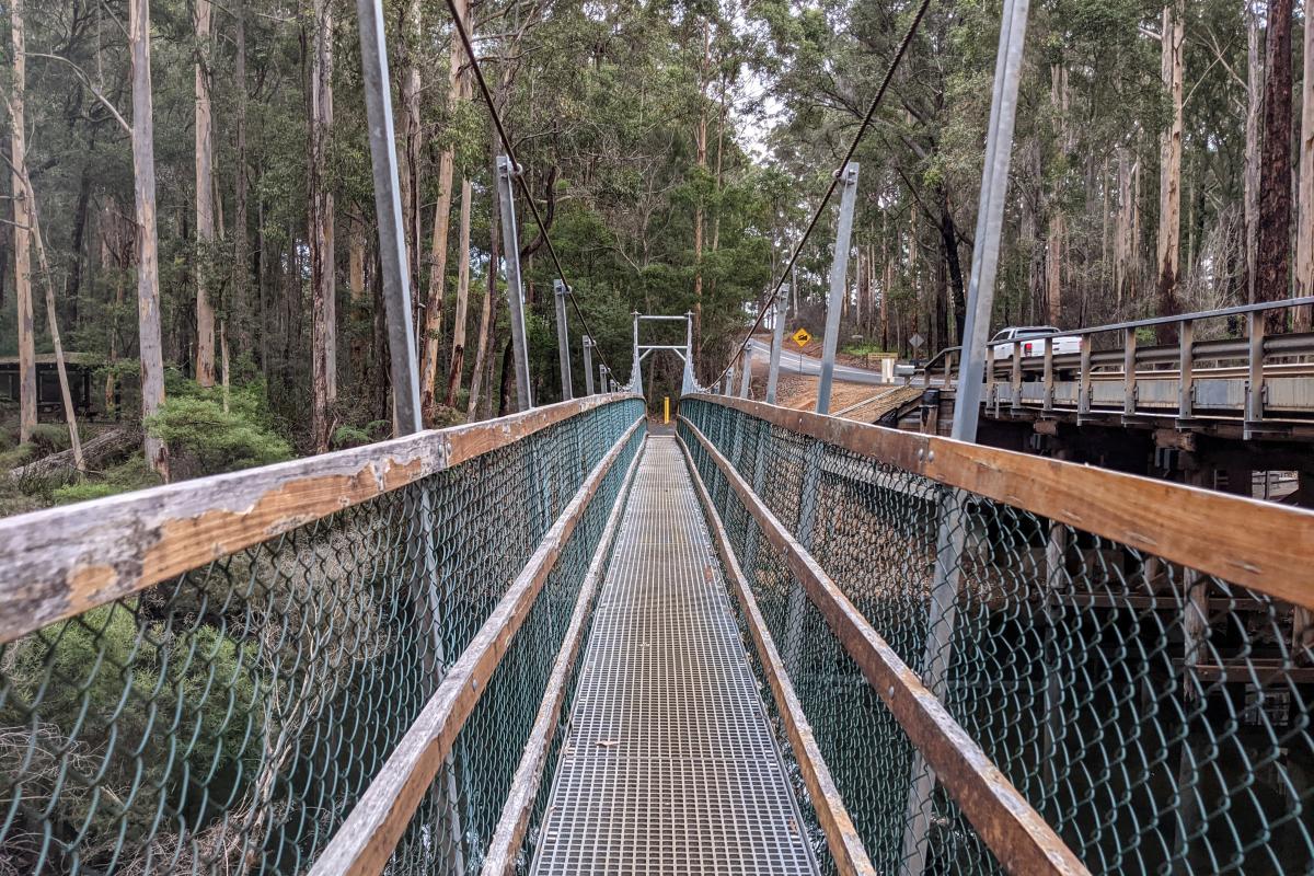 Suspension bridge over the Donnelly River at One Tree Bridge Suspension bridge over the Donnelly River at One Tree Bridge