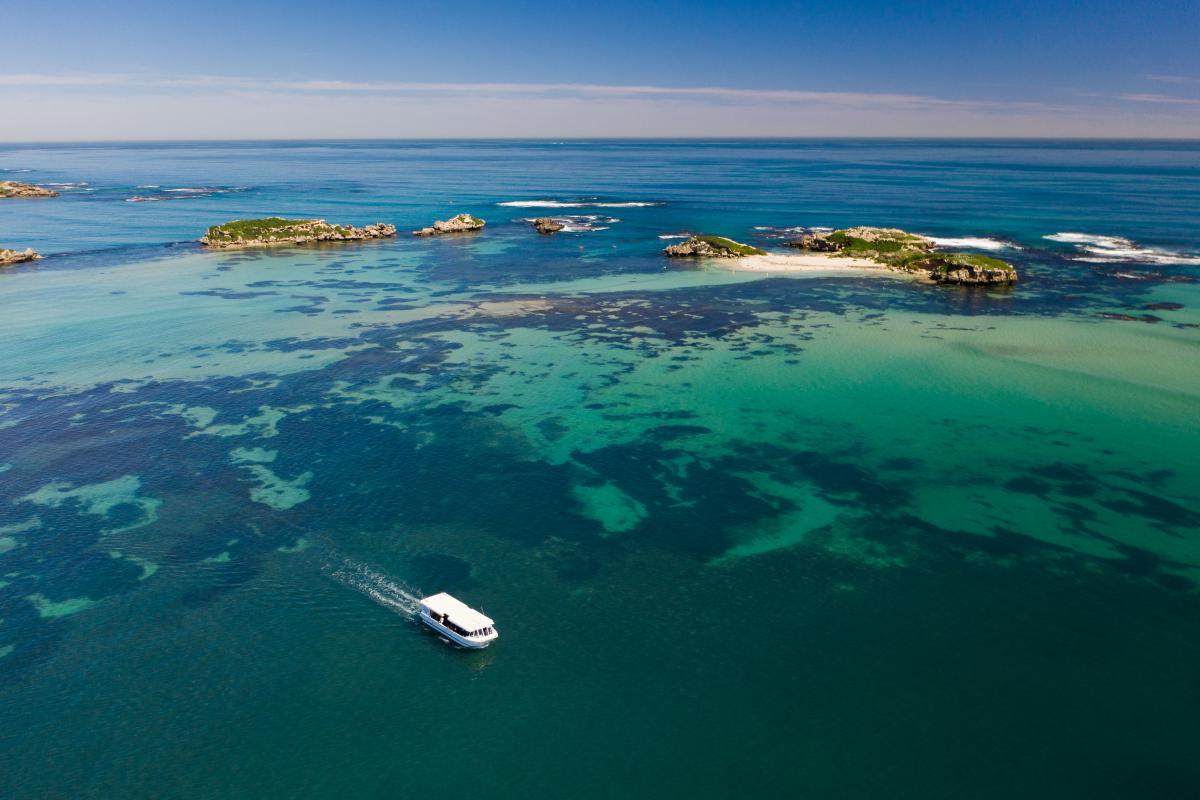 Ferry to Penguin Island Aerial view of island with ferry