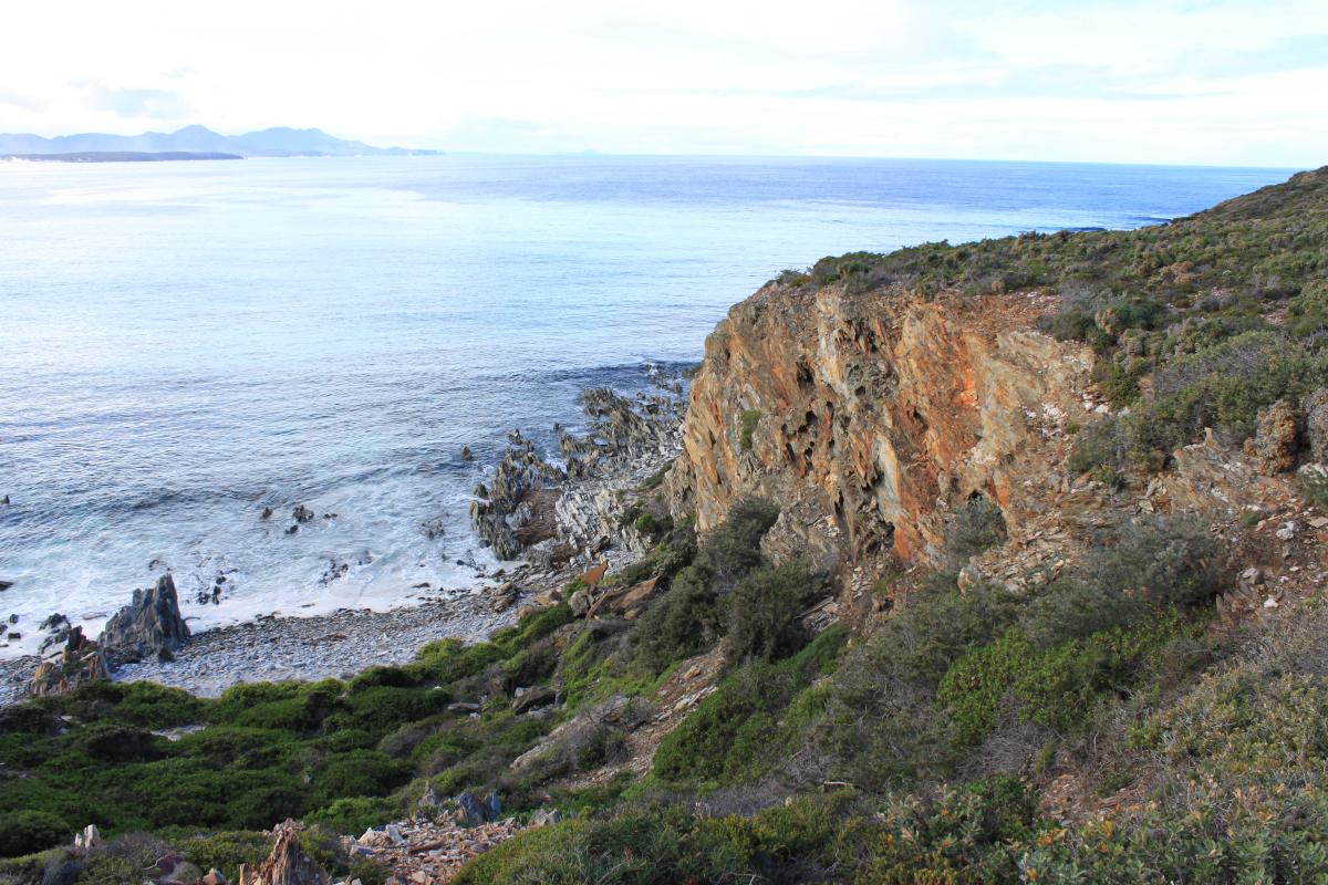 looking down at a small beach with jagged rocks and wide expanse of ocean at Point Ann