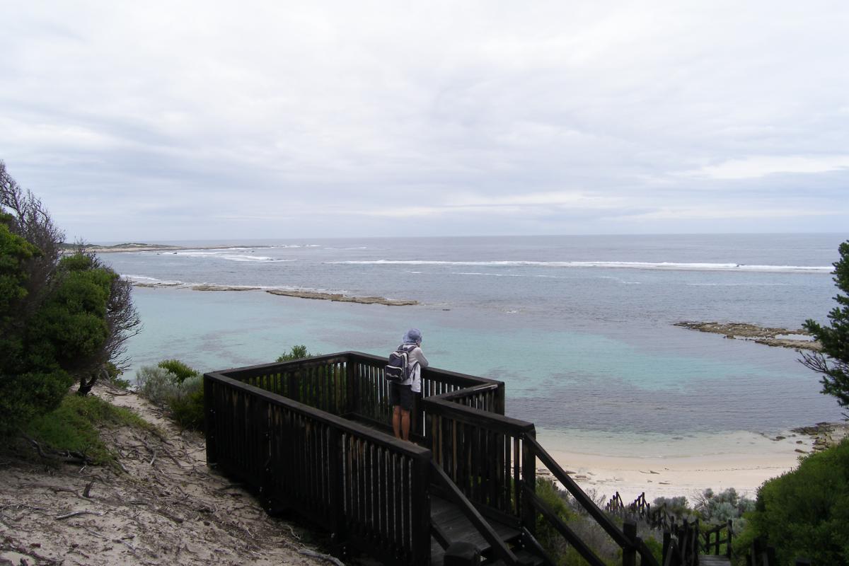 Timber lookout overlooking a protected bay with stairs down to the beach