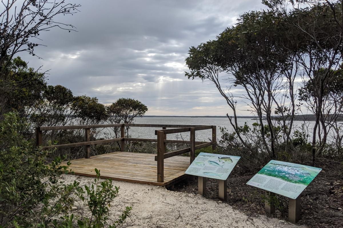 Wooden lookout deck with a view over Stokes Inlet