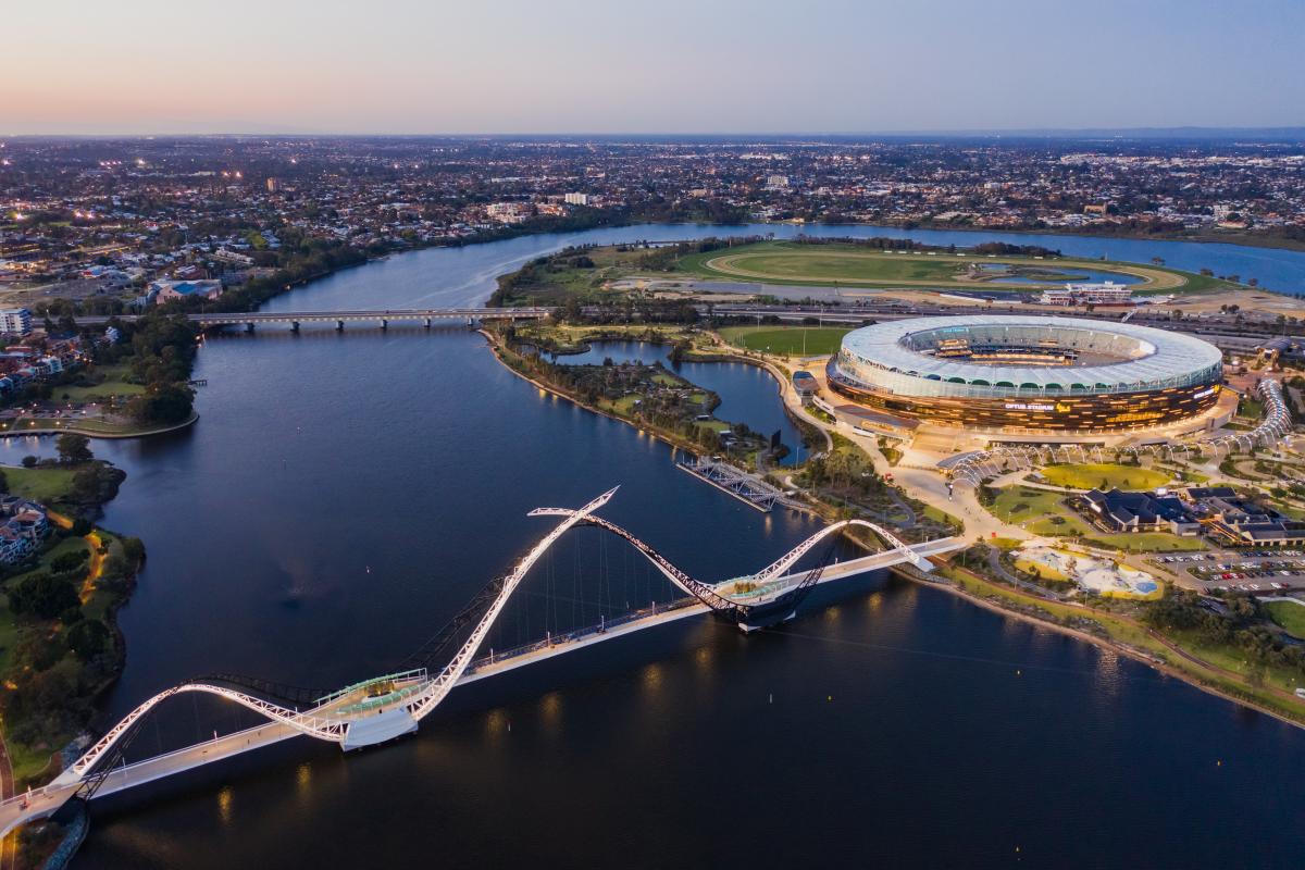 Aerial view of Optus sports stadium and Matagarup Bridge over the Swan River