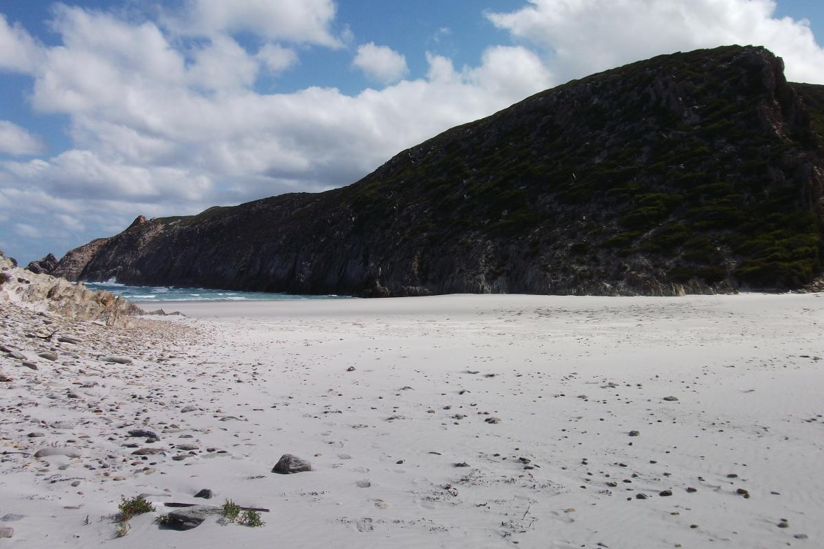 Whalebone Beach in Fitzgerald River National Park pure white sandy beach with a hill and cloudy blue skies in the background