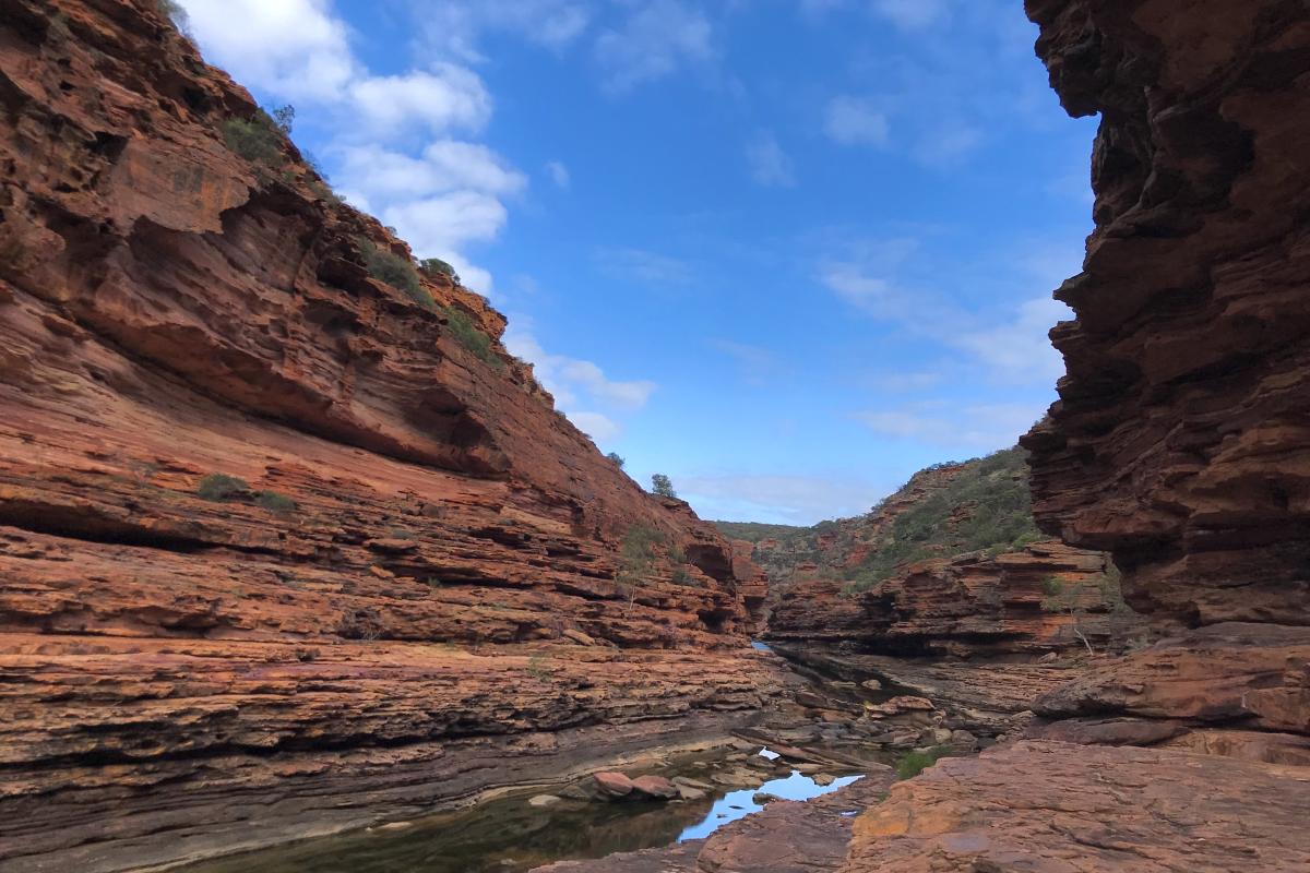 towering banded sandstone cliffs rise up from the Z Bend