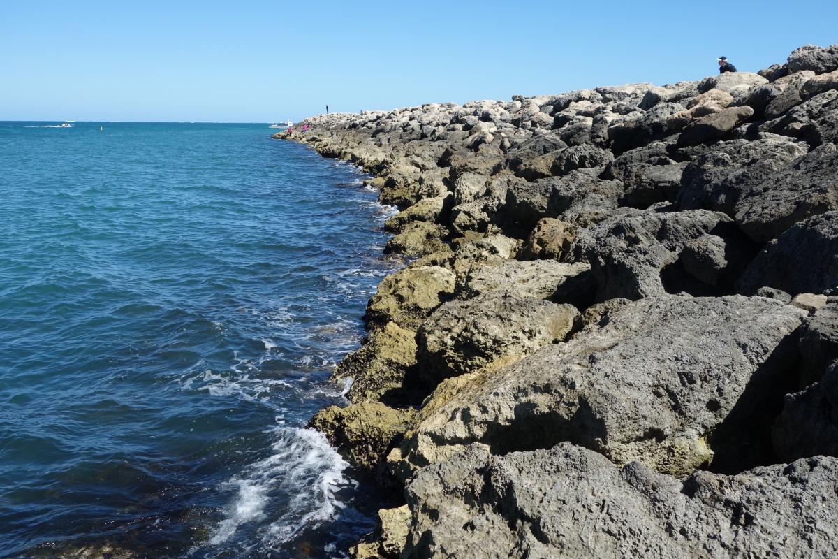 The closest access to Boyinaboat Reef from shore is from the rocks of Hillarys Boat Harbour seawall