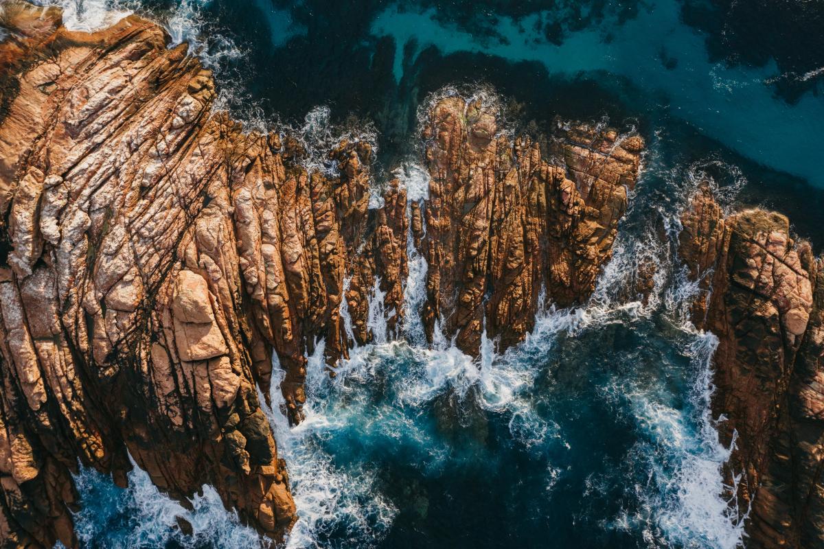 Aerial view of the unusual shapes of the granite rocks at Canal Rocks