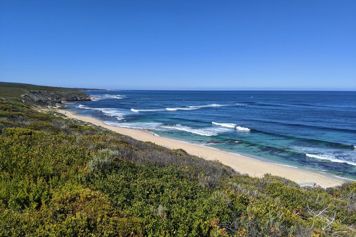 Gallows Beach viewed from the Cape to Cape Track on a bright sunny day in January