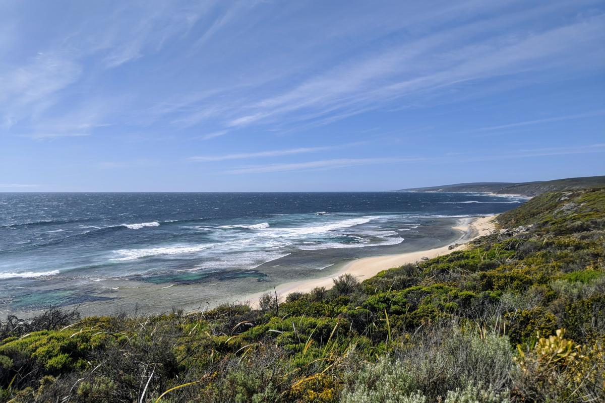 Guillotines Beach viewed from the Cape to Cape Track in the afternoon, looking North