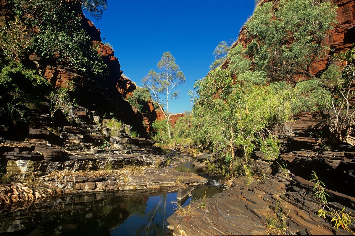 Hamersley Gorge Karijini National Park water flowing over terraced rocks inside Hamersley Gorge