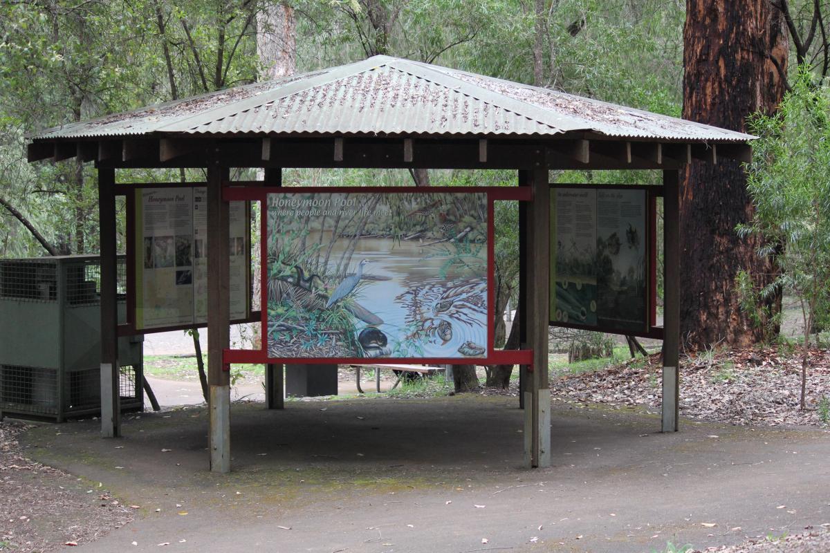 A information shelter has panels providing details about wildlife, ecology, where to go, what to do and how to look after Honeymoon Pool .