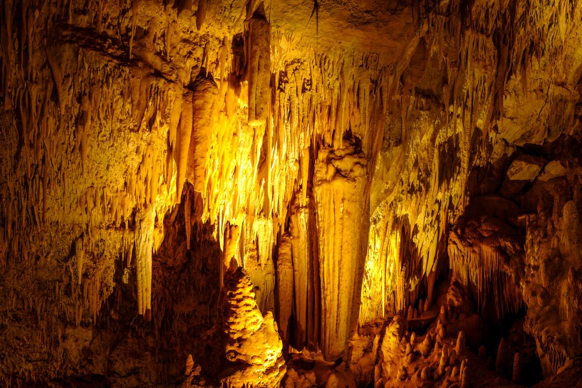 Stalactites and stalagmites in Jewel Cave. 