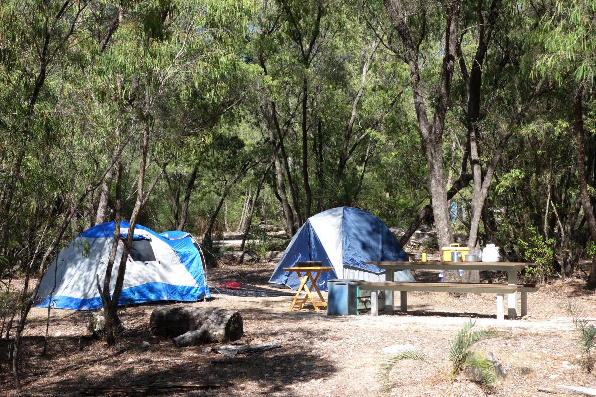 A campsite at Martins Tank Campground with two small tents and a picnic table