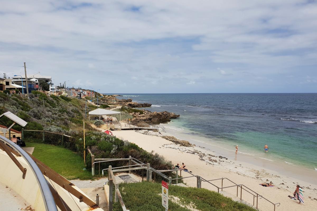 The lagoon area at Mettam's Pool can be accessed from stairs or a sloping concrete walkway.