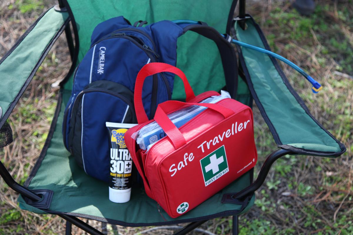 safety kits on a fold up chair