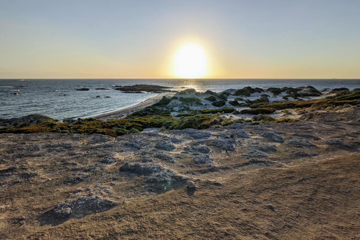 Skippy Rock Beach viewed from the limestone rock platform above, just before sunset