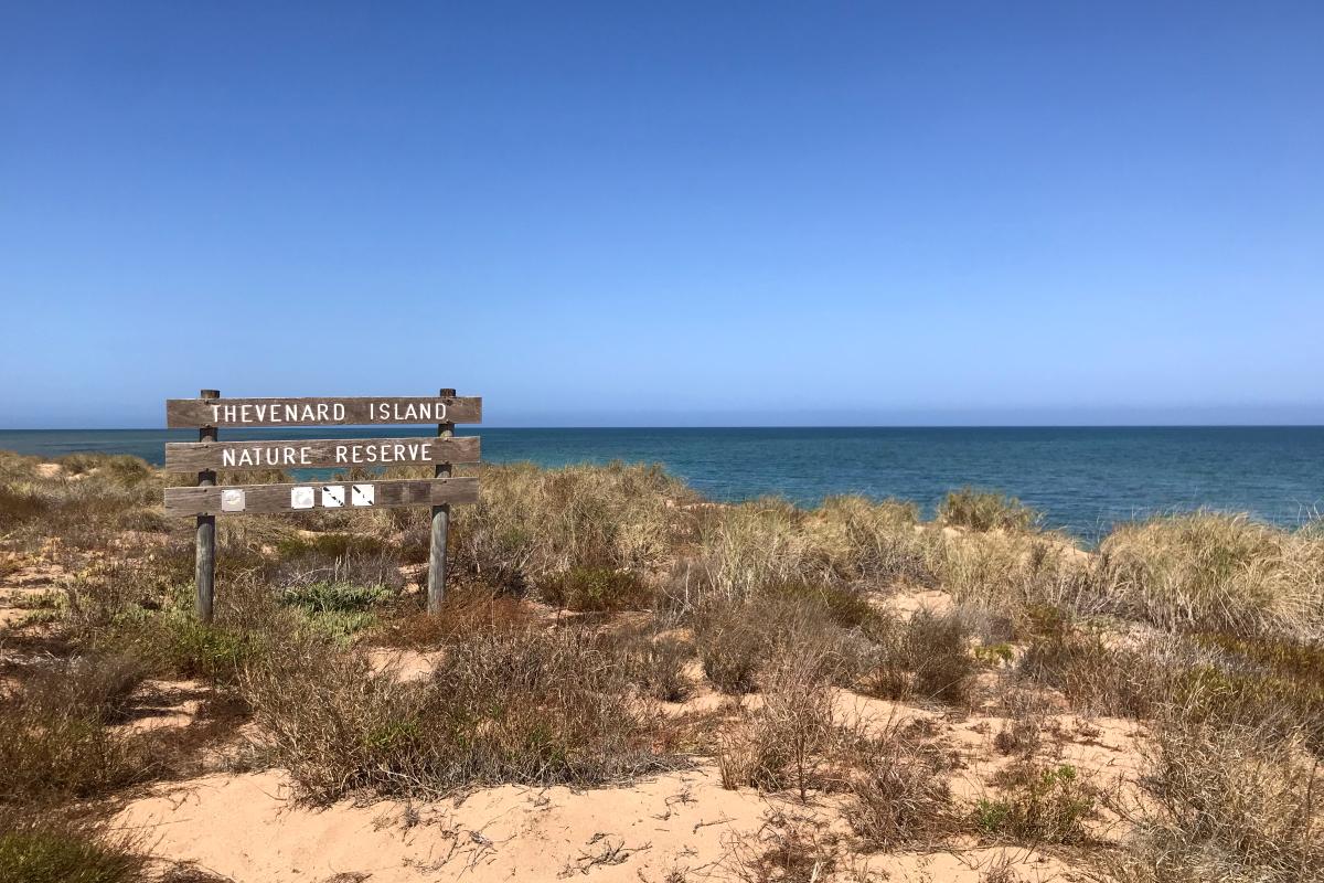 Wooden signage for Thevenard Island Nature Reserve overlooking the ocean