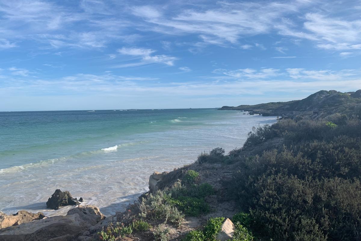 View of beach and rocks at Wanagarren.