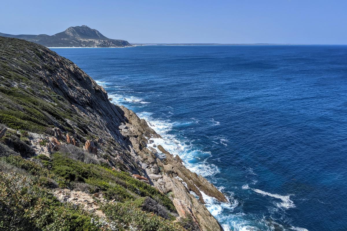 Spectacular view from Cave Point off the cliffs, East Mount Barren, and blue ocean