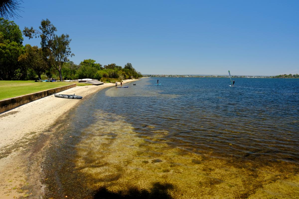 Pelican Point, Swan Estuary Marine Park Grassy area beside shallow waters of Swan River at Pelican Point