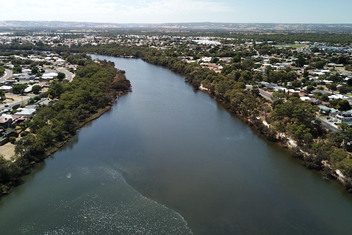 Aerial view of river in Kalgulup Regional Park