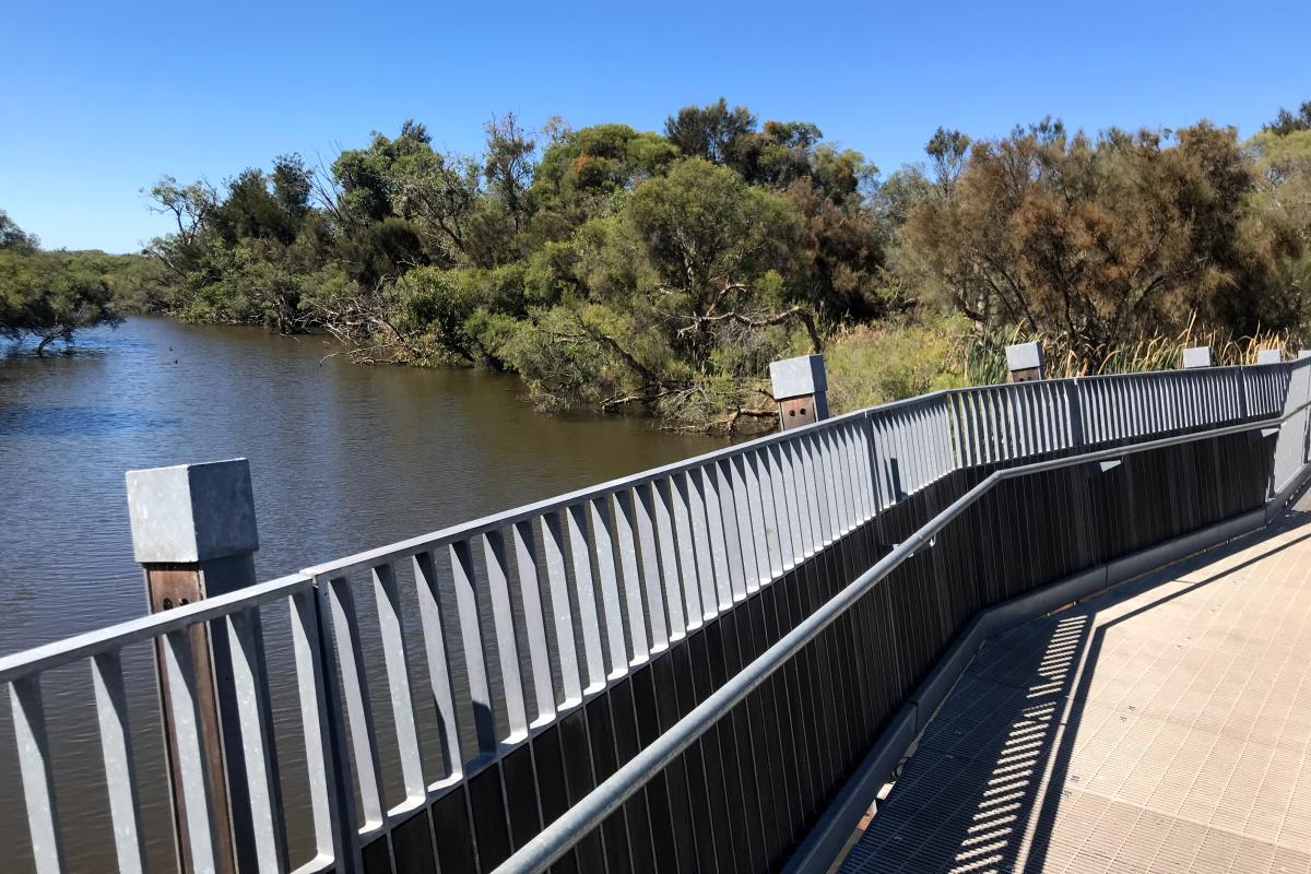 Views of the Canning River from the accessible bridge at Kent Street Weir