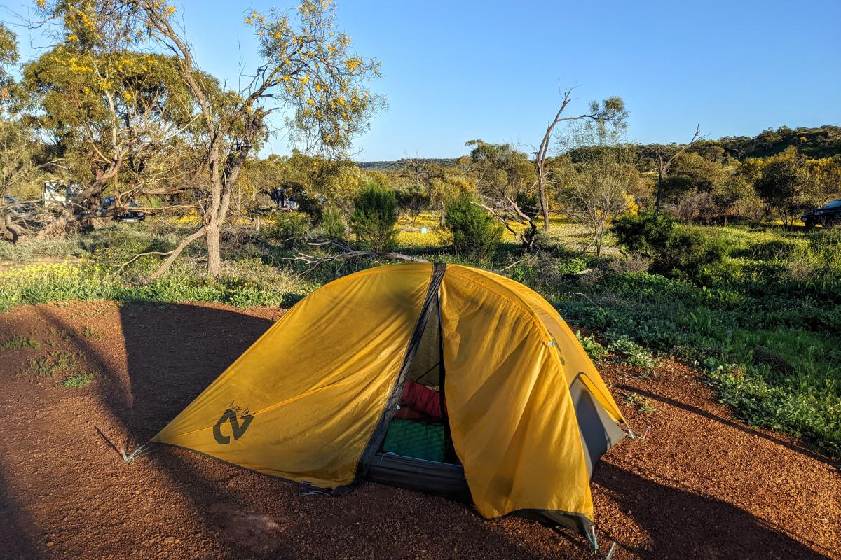 Small orange tent at Miners Campground in Coalseam Conservation Park