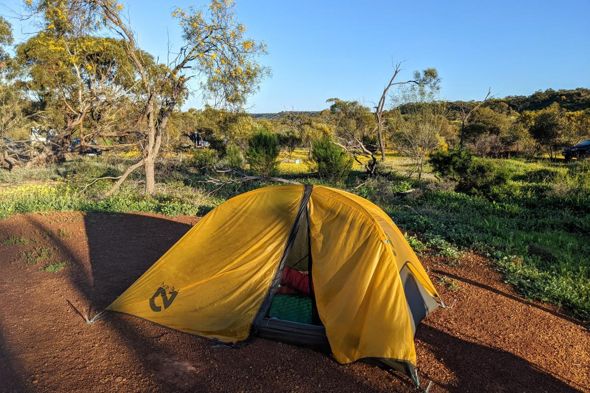 Small tent at Miners Campground in Coalseam Conservation Park Small orange tent at Miners Campground in Coalseam Conservation Park