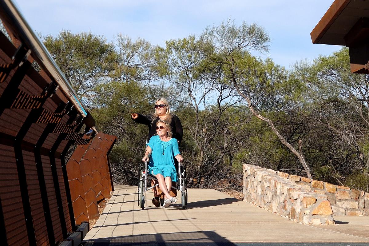 Wheelchair access at Kalbarri Skywalk a person in a wheelchair is able to go out onto the kalbarri skywalk to enjoy the view