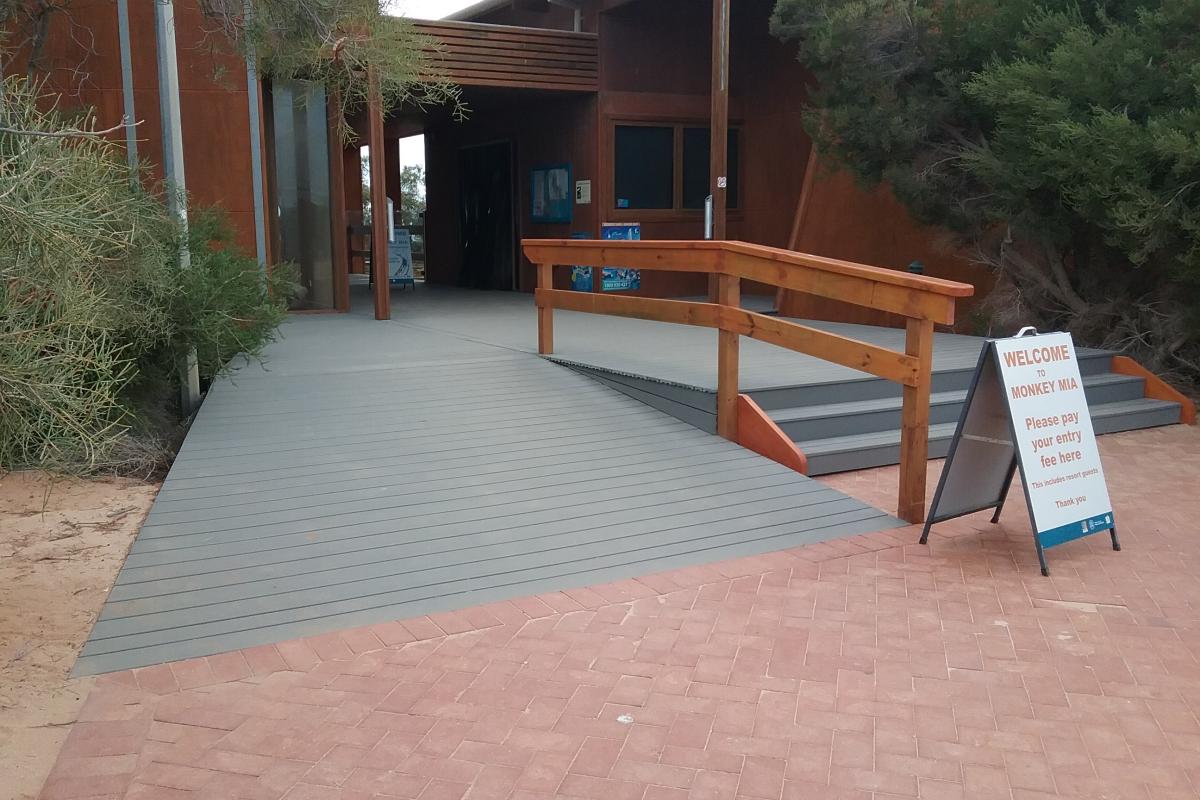Wide wheelchair access at the entrance to Monkey Mia Dolphin experience booking office