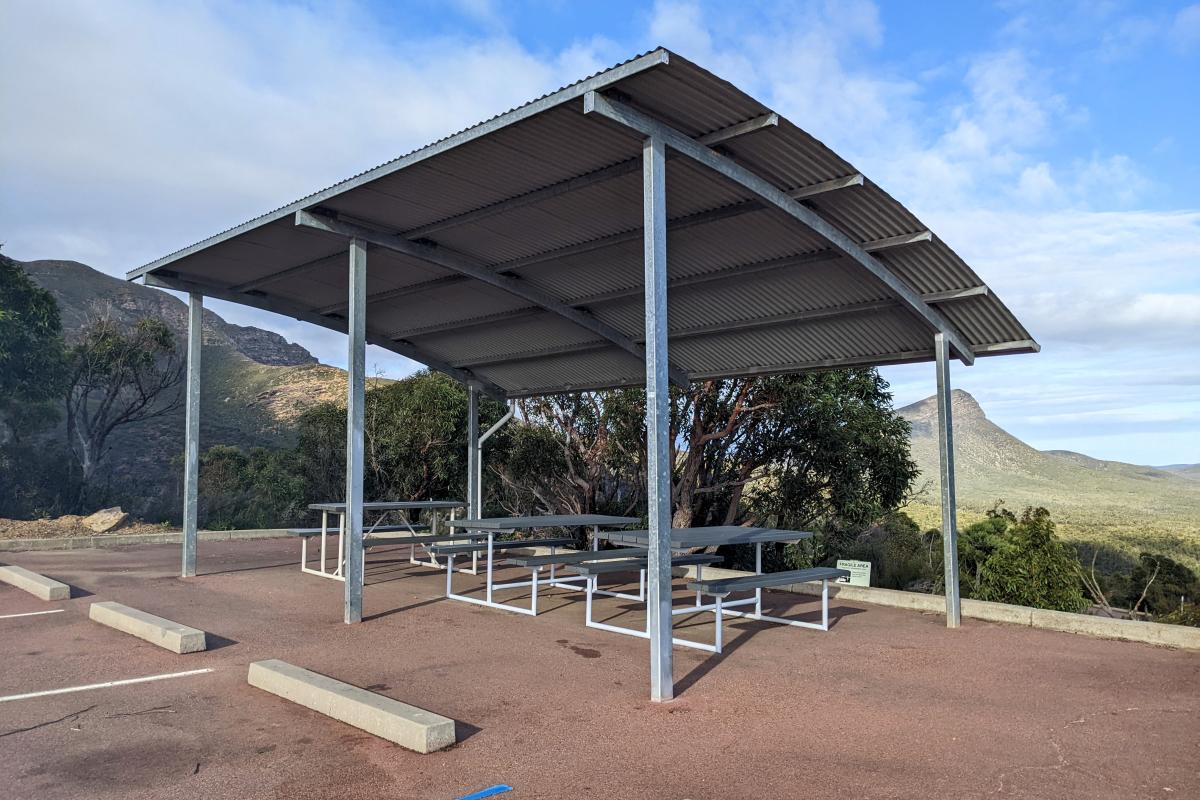 Sheltered picnic tables at the Bluff Knoll parking area