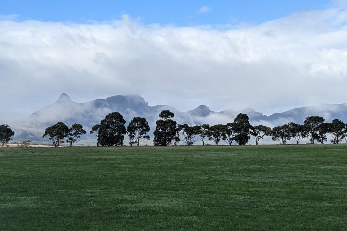 The Stirling Range viewed from afar across farmland