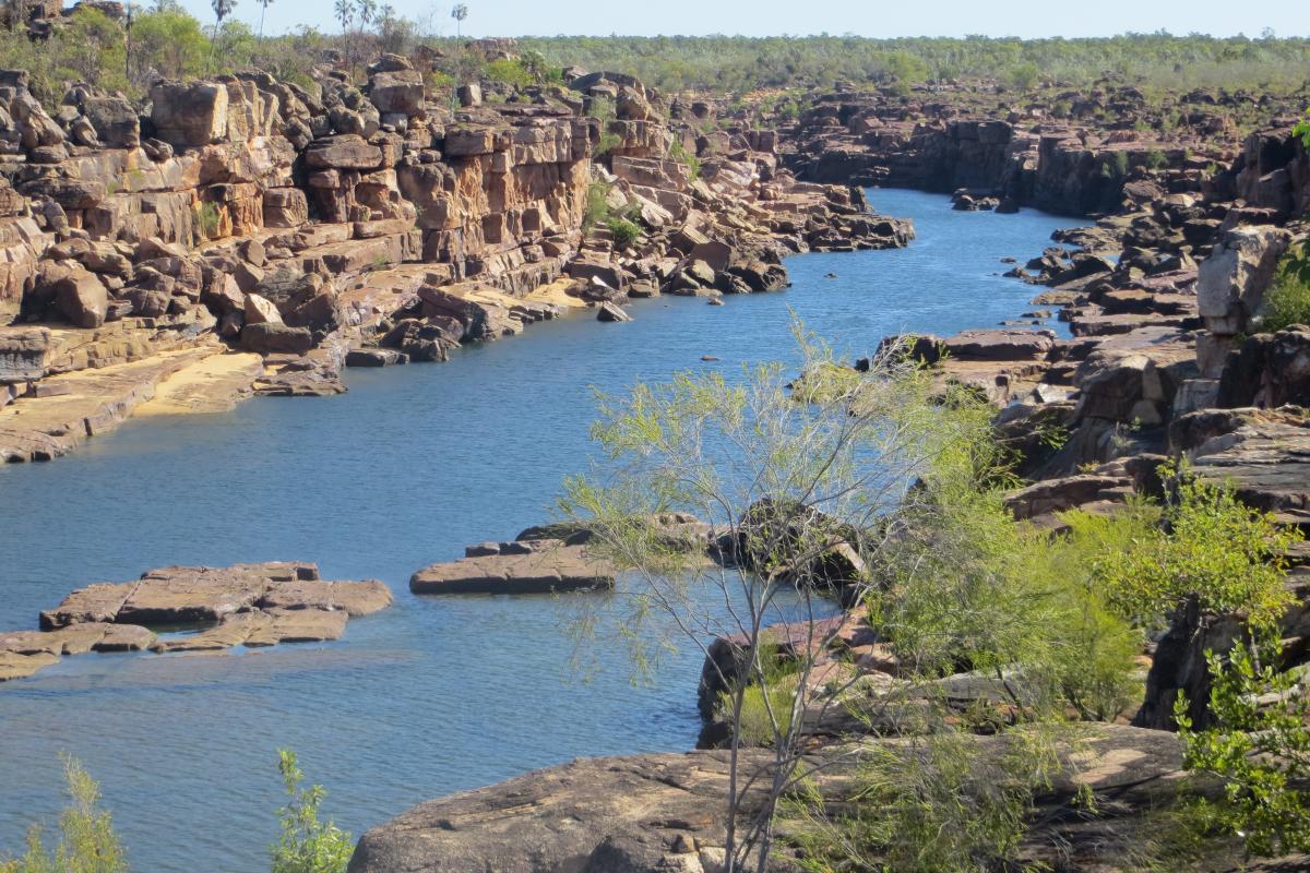 The stacked rock walls that line the Drysdale River in a North Kimberley landscacpe