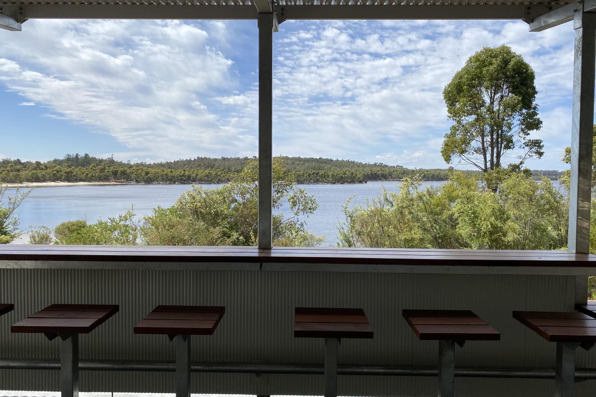 David Ugle barbecue shelter with views of Lake Kepwari