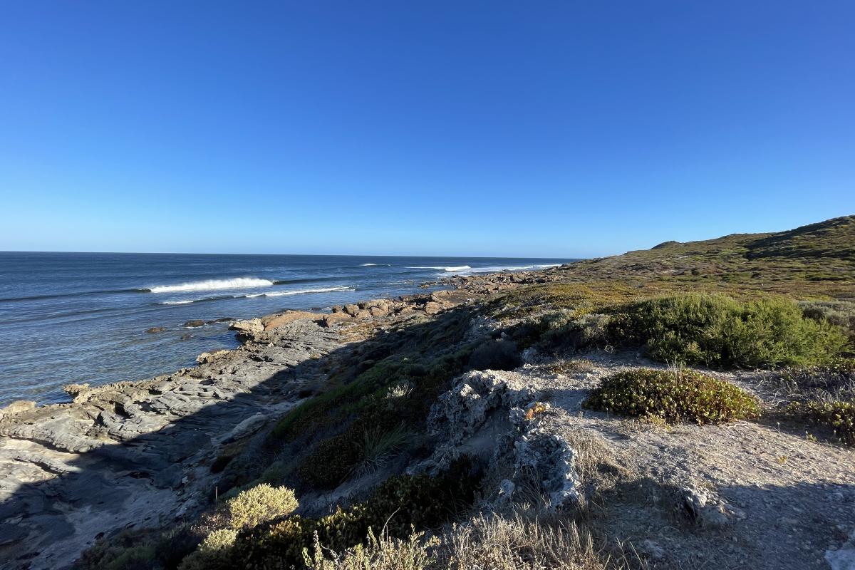 View of rocks leading down to the ocean.