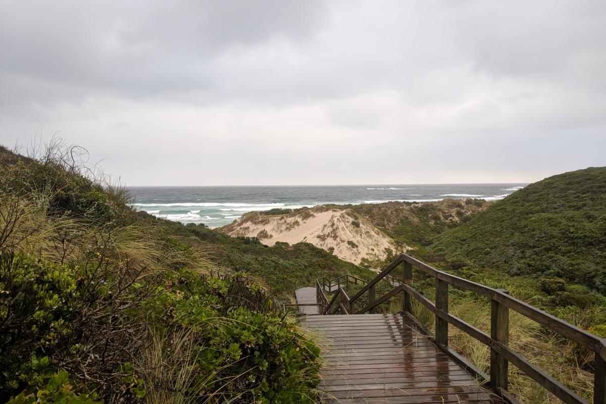 Boardwalk and steps down to the beach from the parking area at Conspicuous Beach