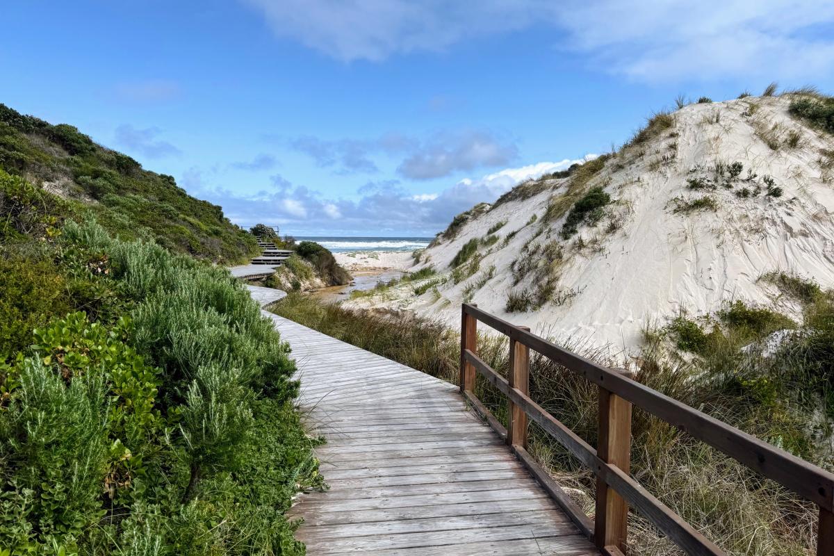 Boardwalk down to the beach from the parking area at Conspicuous Beach