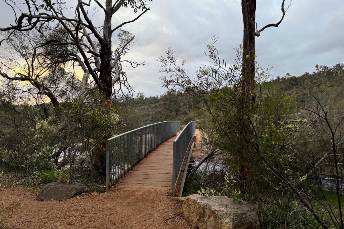 Bridge across Jane Brook to the top of National Park Falls from the Railway Reserves Heritage Trail Bridge across Jane Brook to the top of National Park Falls from the Railway Reserves Heritage Trail