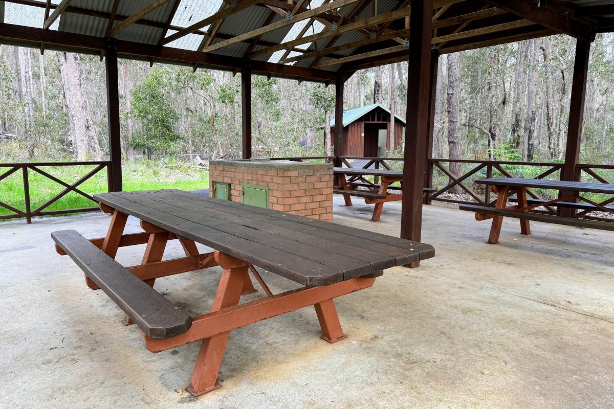 Picnic tables and bbq under a shelter at King Jarrah, Manjimup