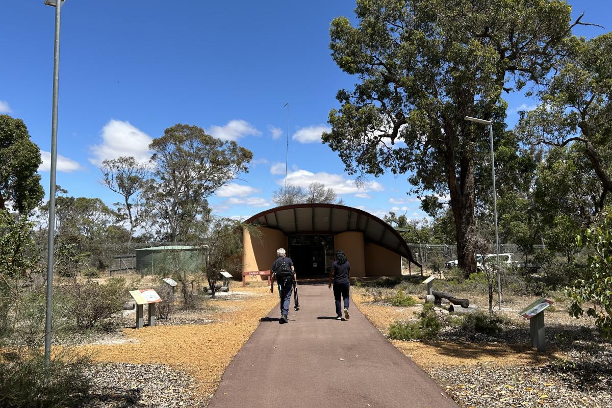 Two people walking on a concrete path to an entrance to the building. 